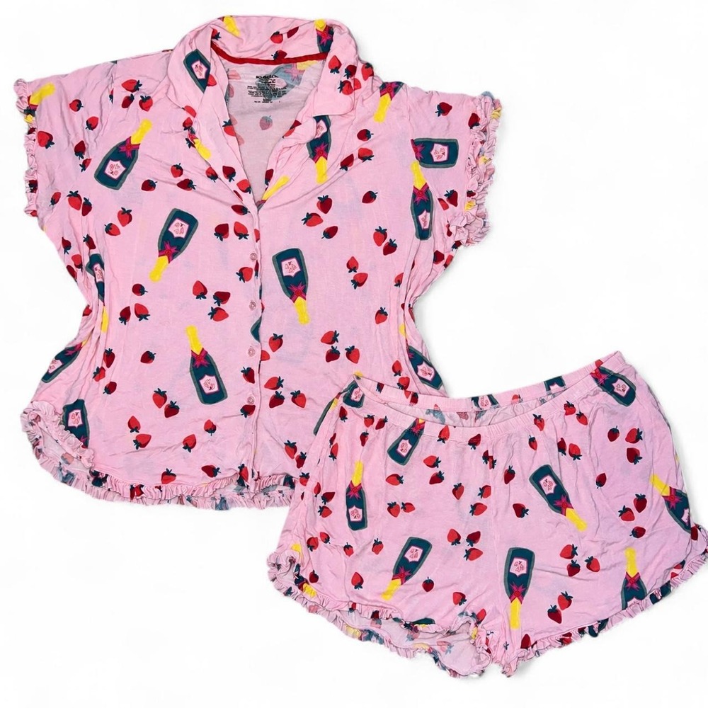 Joyspun Pink Strawberry & Champagne Print Pajama Set 2X (16W–20W) Ruffle Trim